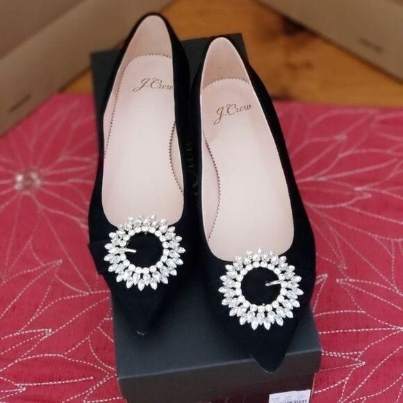 J. Crew Suede Jeweled Embellished Buckle Flats Black Size 6 Pointy Toe - Picture 1 of 6